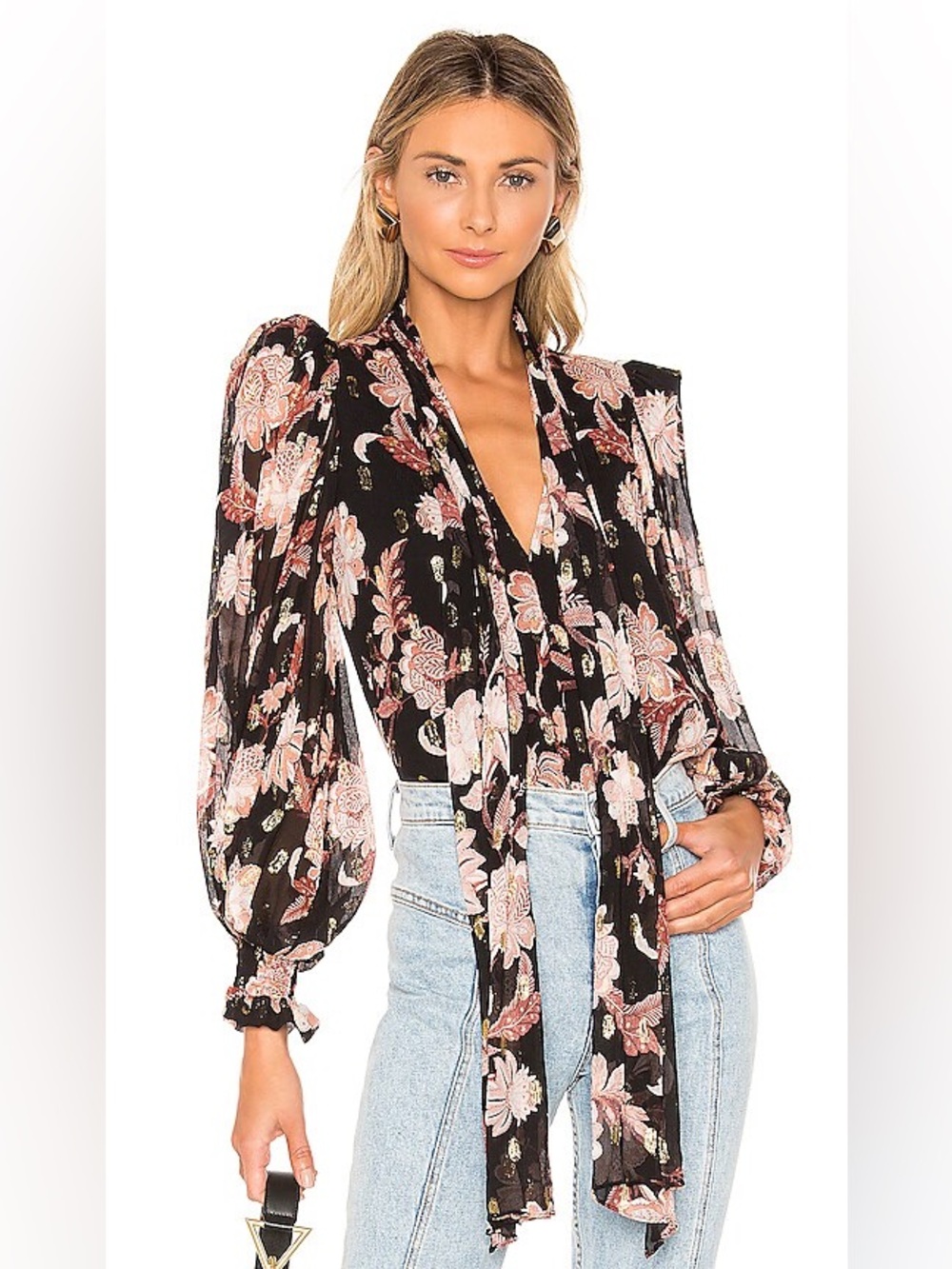 Thurley Black Floral Tie-Neck Blouse with Pink Accents